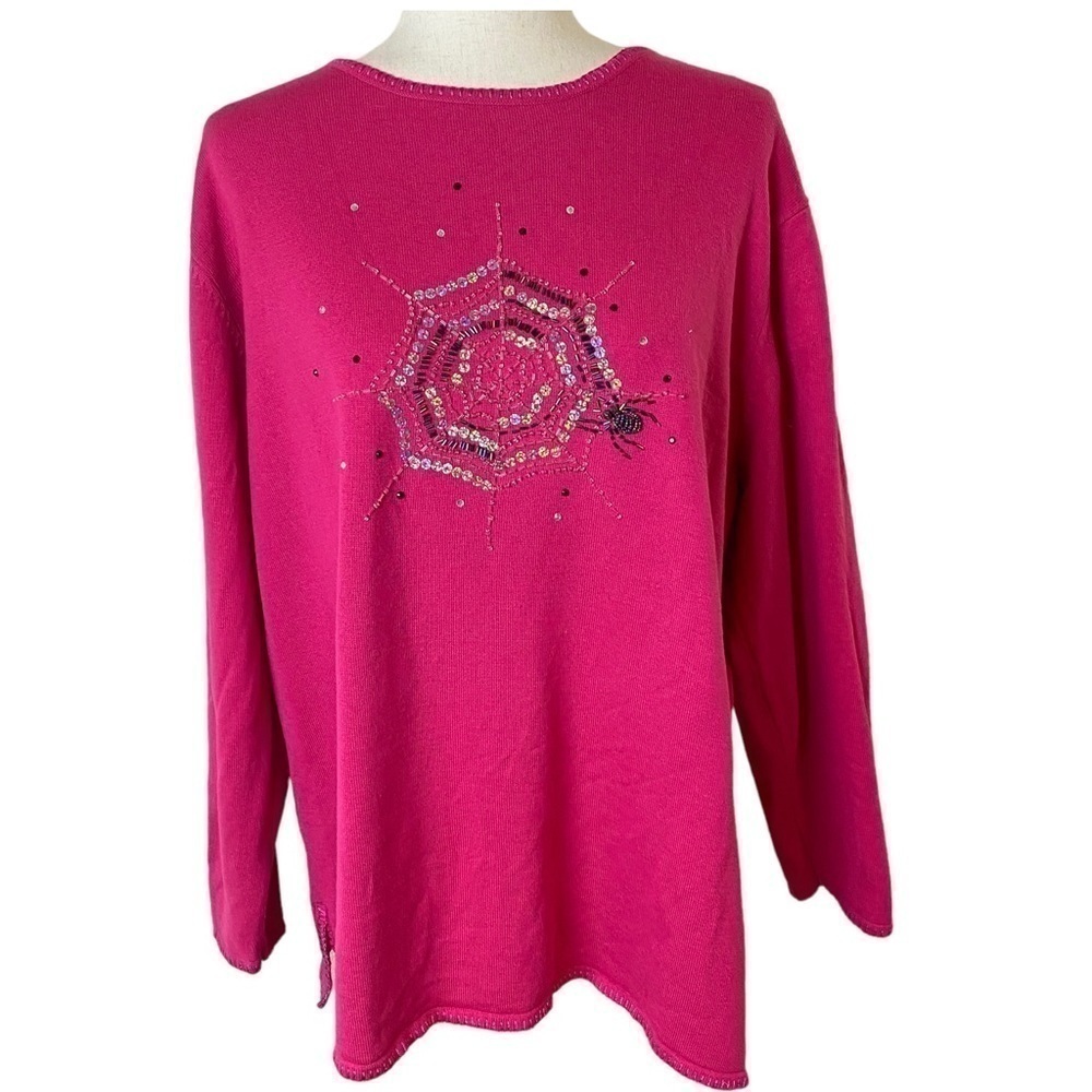 Quacker Factory top size 1X pink spider beaded long sleeve teacher Halloween